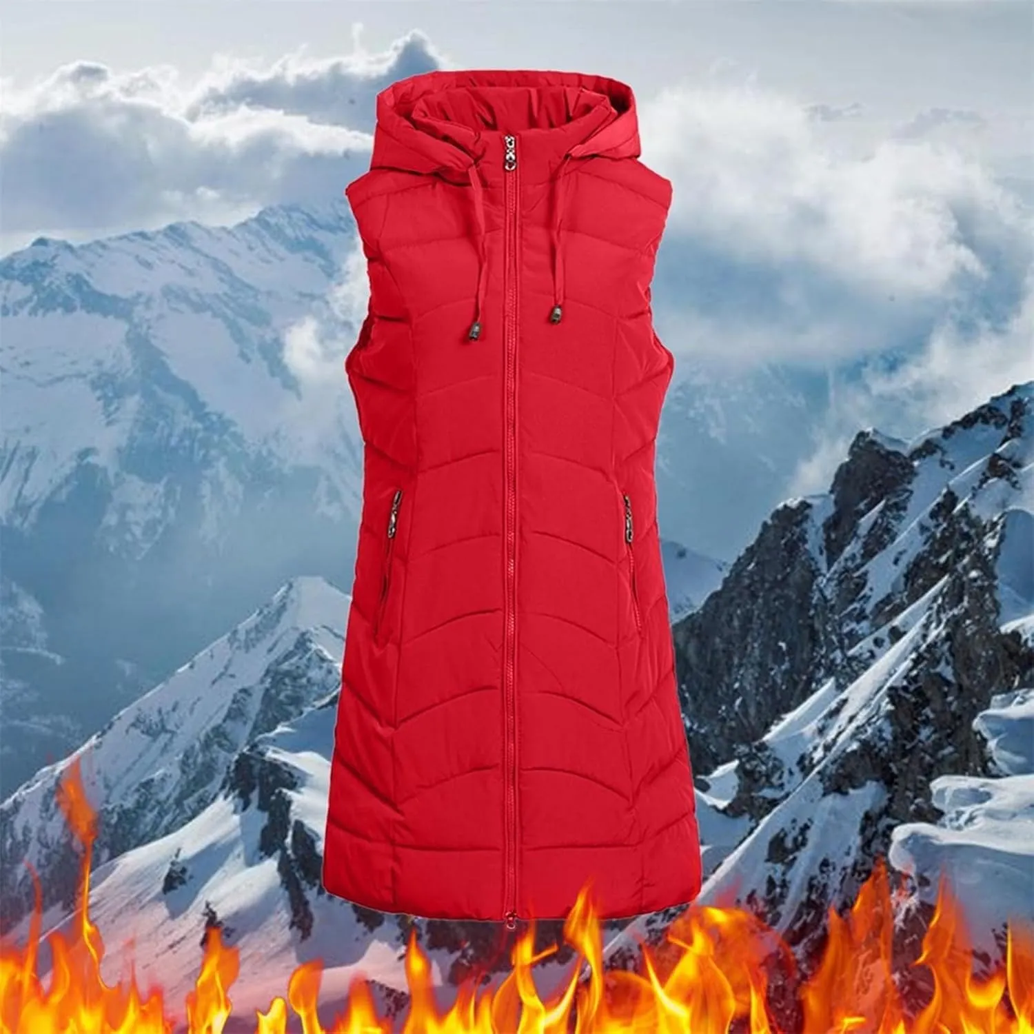 SACFOF Women's Long Puffer Vest Jacket Hoodies Full Zipper Sleeveless Down Coats Thickened Warm Windbreakers Outerwear