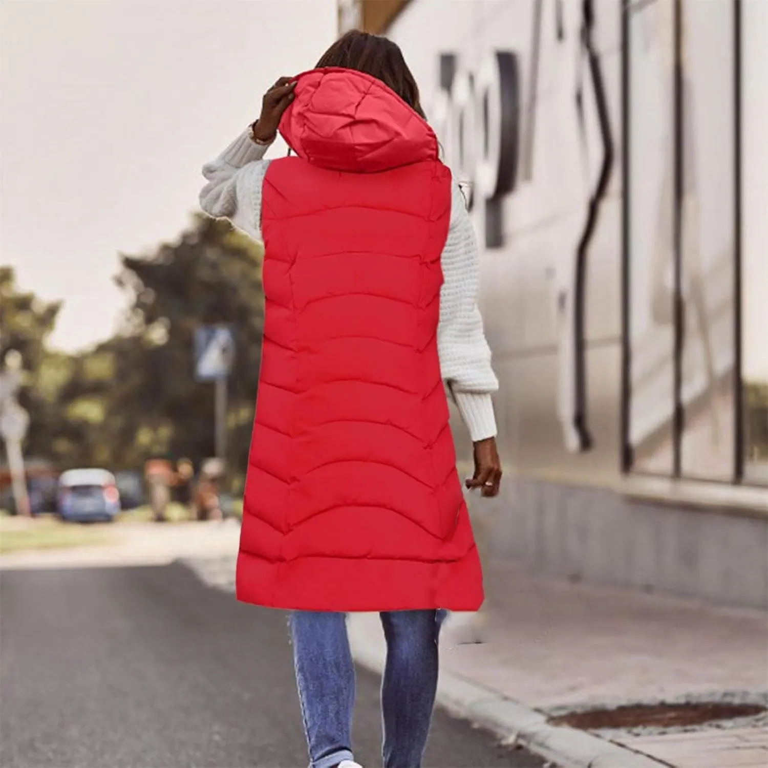 SACFOF Women's Long Puffer Vest Jacket Hoodies Full Zipper Sleeveless Down Coats Thickened Warm Windbreakers Outerwear