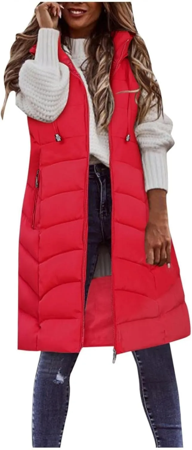 SACFOF Women's Long Puffer Vest Jacket Hoodies Full Zipper Sleeveless Down Coats Thickened Warm Windbreakers Outerwear