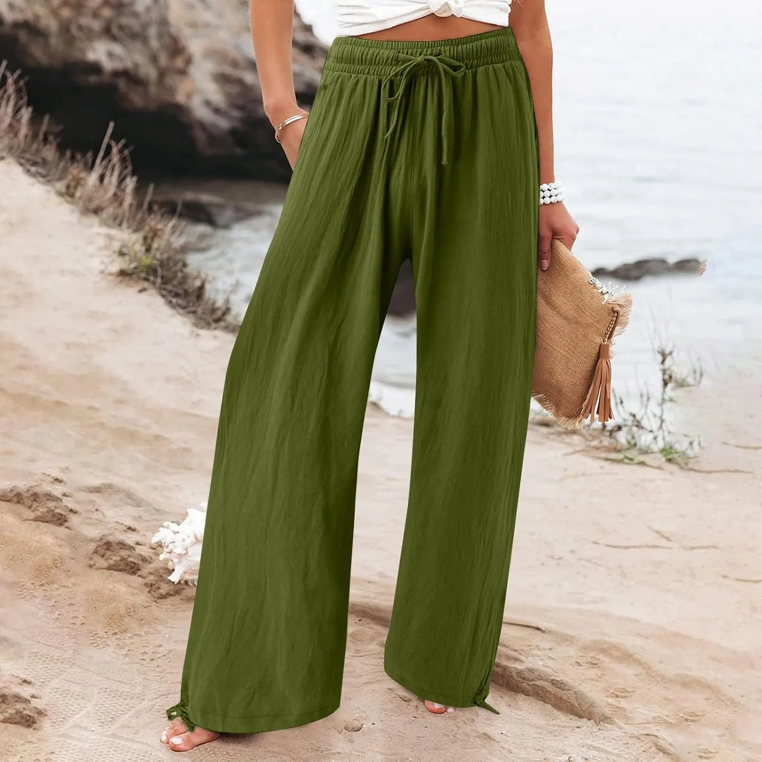 SHAOBGE Linen Pants Women Comfy Flowy Wide Leg Pants Trousers Summer High Waisted Beach Palazzo Pants with Pockets 2024