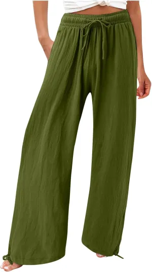 SHAOBGE Linen Pants Women Comfy Flowy Wide Leg Pants Trousers Summer High Waisted Beach Palazzo Pants with Pockets 2024