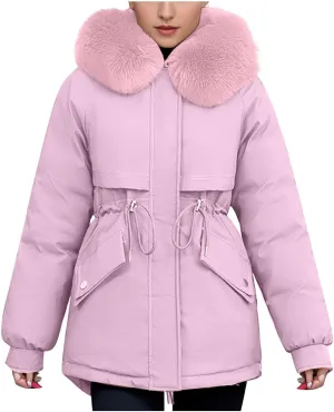 SMIDOW Womens Winter Parkas With Faux Fur Hoods Ladies Winter Fashion Puffer Coat Zip Up Quilted Thicken Jacket Outerwear