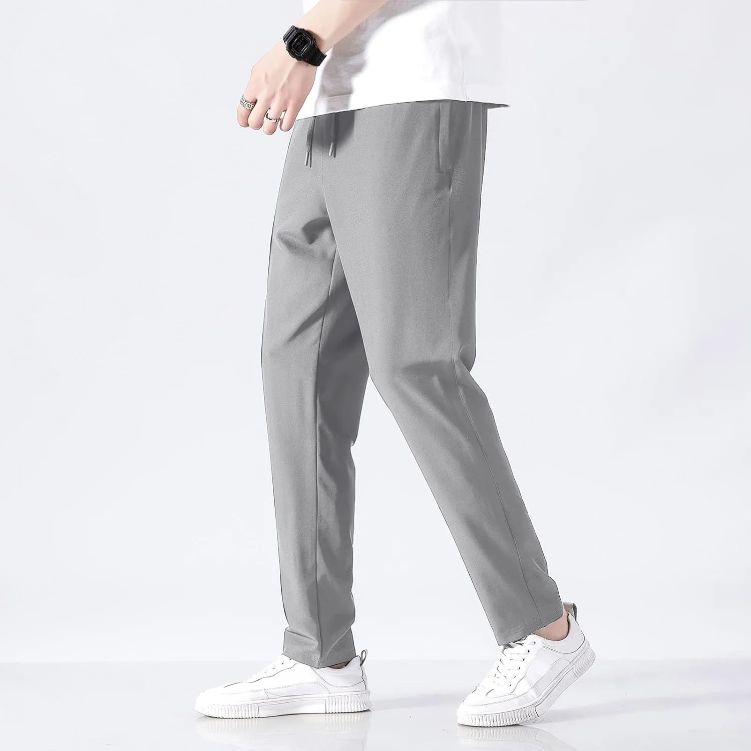 Sweatpants for Men Slim Fit Ice Silk Quick Drying Hiking Pants Lightweight Drawstring Waist Loose Straight Trousers