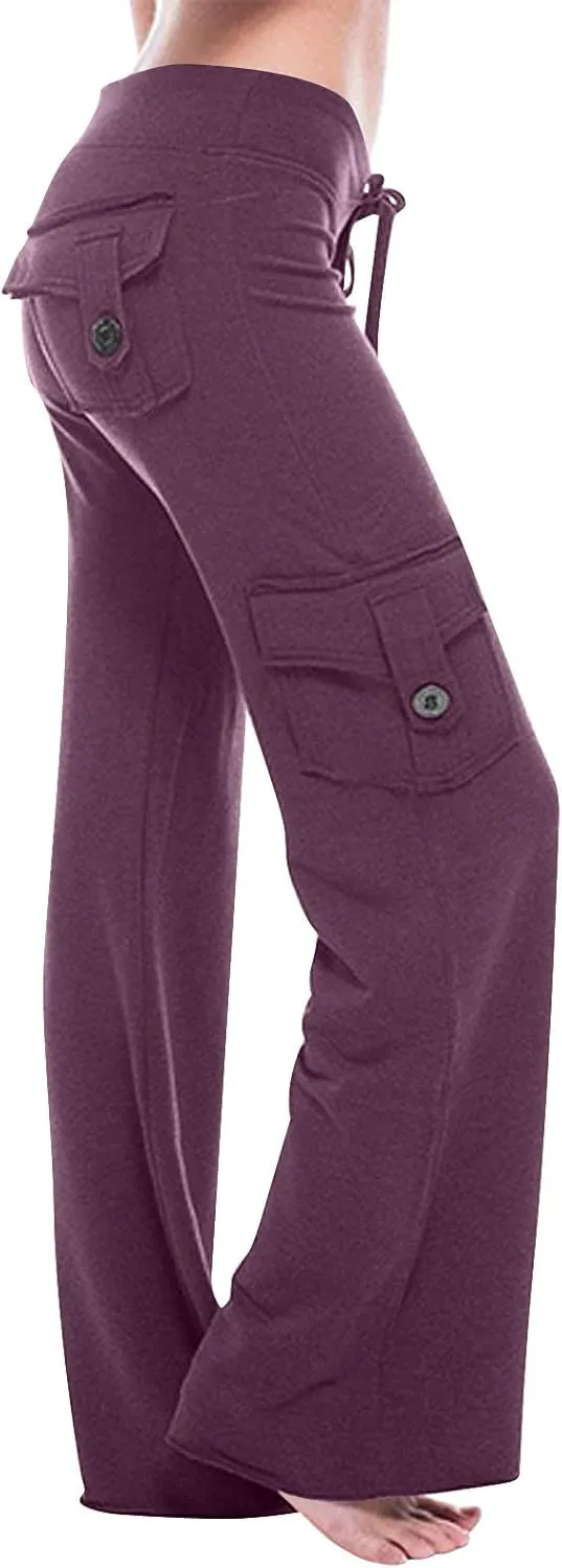 Sweatpants for Women Wide Leg Cargo Pants High Rise Yoga Leggings with Pockets Plus Size Y2K Drawstring Straight Leg Pants