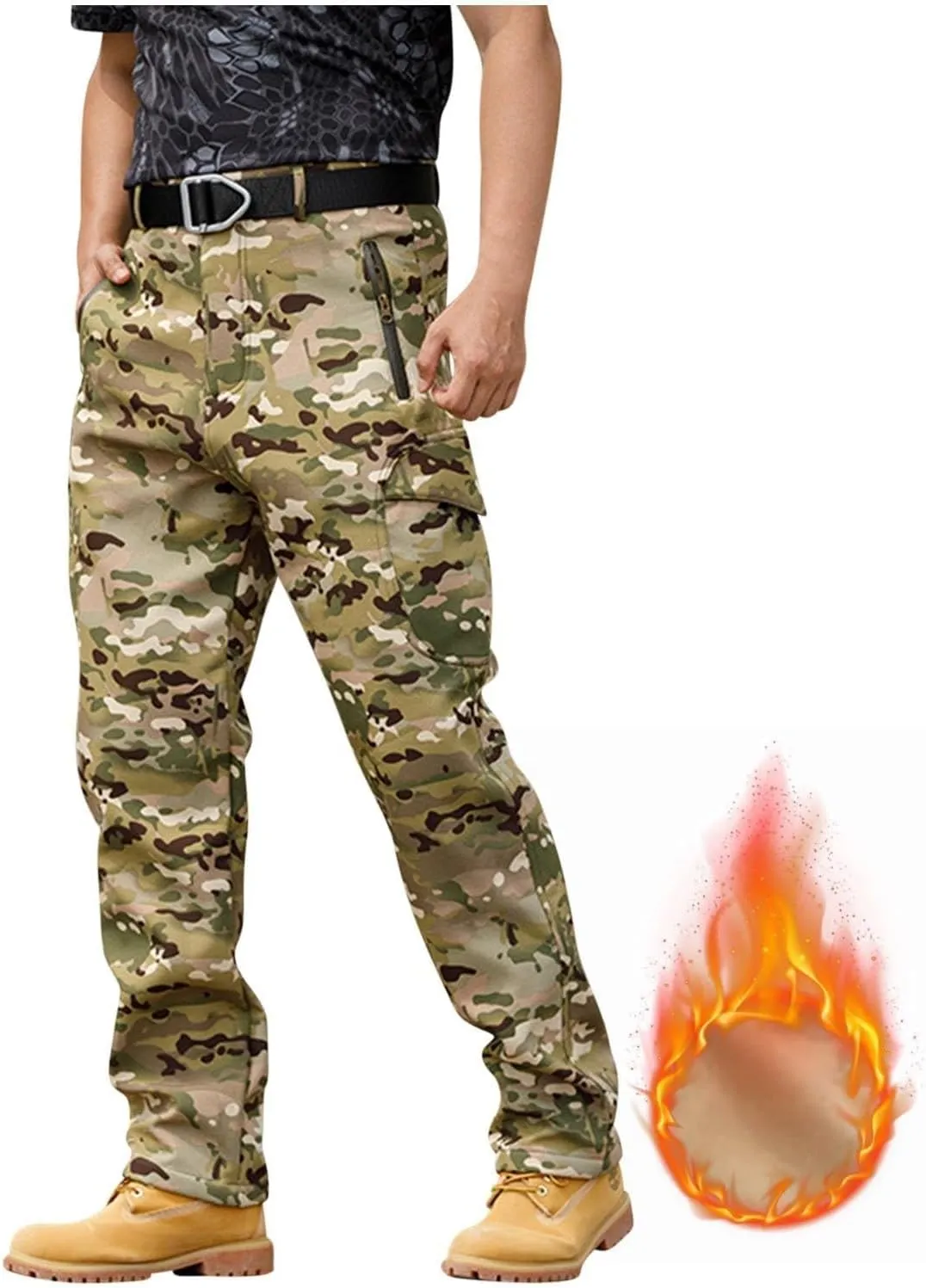 Tactical Pants for Men Waterproof Hiking Fleece Lined Pants with Multi Pockets Outdoor Flex Camo Cargo Pants