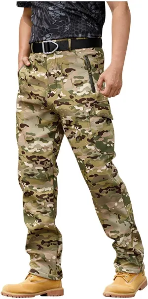 Tactical Pants for Men Waterproof Hiking Fleece Lined Pants with Multi Pockets Outdoor Flex Camo Cargo Pants