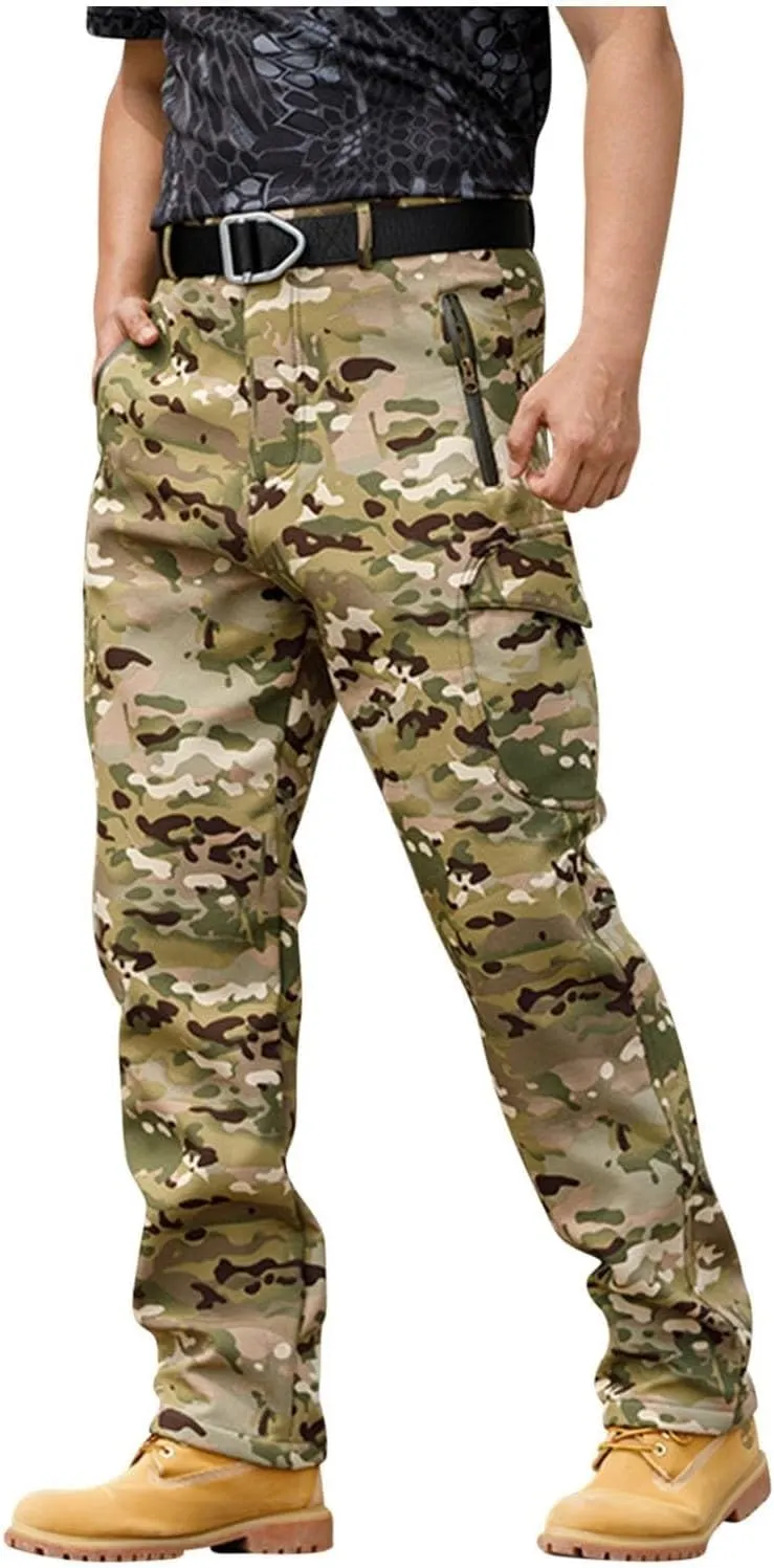 Tactical Pants for Men Waterproof Hiking Fleece Lined Pants with Multi Pockets Outdoor Flex Camo Cargo Pants