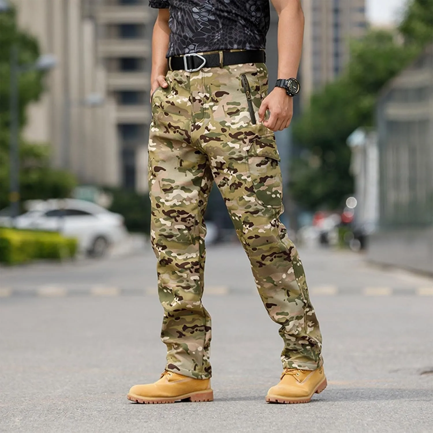 Tactical Pants for Men Waterproof Hiking Fleece Lined Pants with Multi Pockets Outdoor Flex Camo Cargo Pants