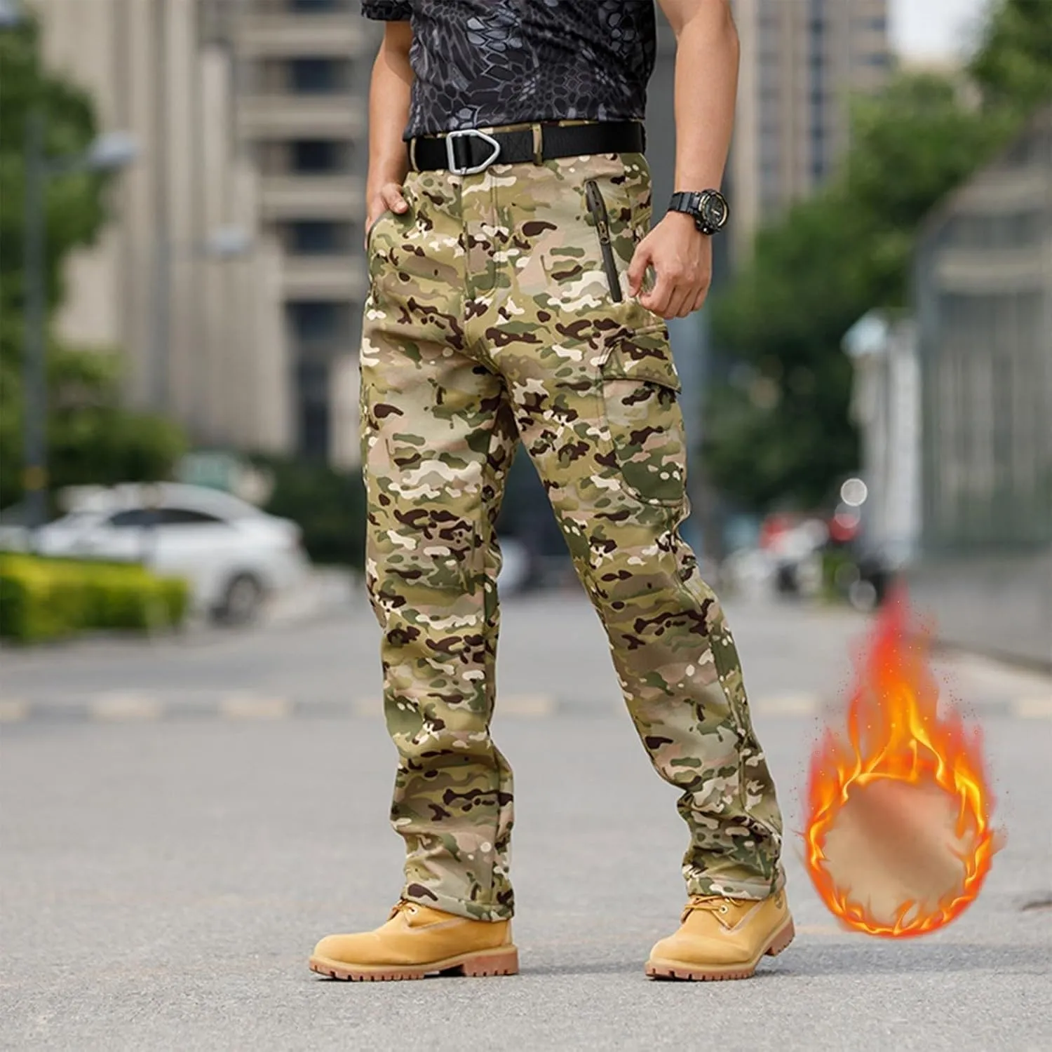 Tactical Pants for Men Waterproof Hiking Fleece Lined Pants with Multi Pockets Outdoor Flex Camo Cargo Pants