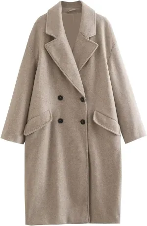 Trench Coat for Women 2024 Winter Casual Lapel Cow Horn Button Peacoat Essential Woolen Blend Coats with Pockets