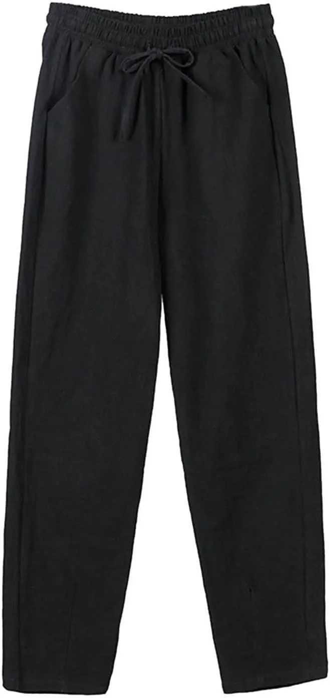 TUNUSKAT Womens Linen Capri Pants for Summer Lounge Elastic High Waisted Dress Capris Straight Leg 7/8 Trousers Beach Slacks