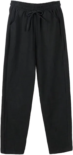 TUNUSKAT Womens Linen Capri Pants for Summer Lounge Elastic High Waisted Dress Capris Straight Leg 7/8 Trousers Beach Slacks