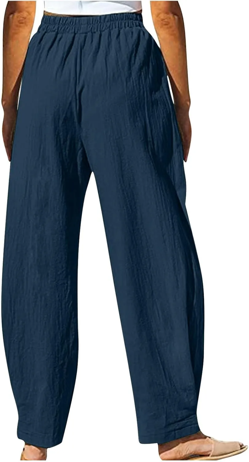 TUNUSKAT Womens Straight Leg Pants with Pockets Summer Lounge Faux Linen Trousers High Waisted Beach Slacks Vacation Outfits