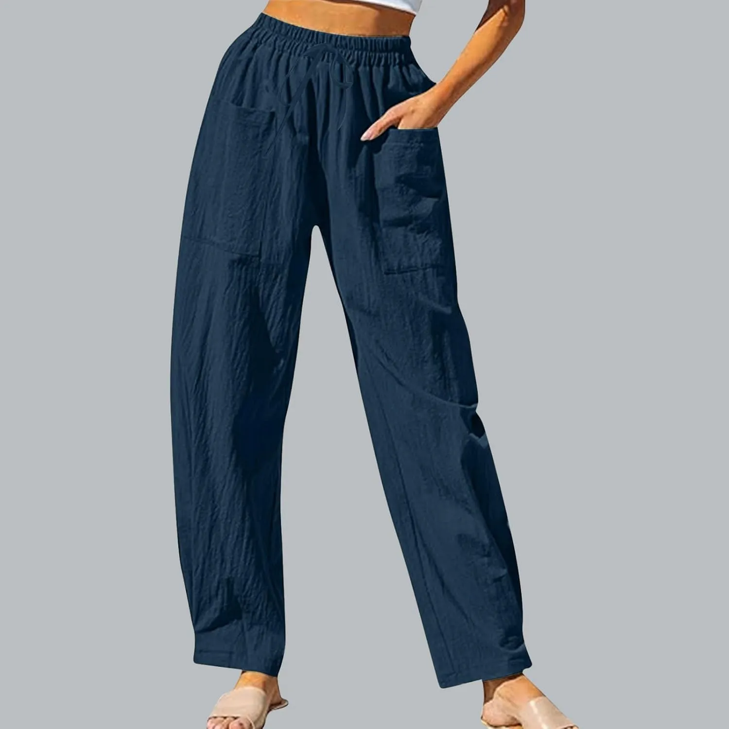 TUNUSKAT Womens Straight Leg Pants with Pockets Summer Lounge Faux Linen Trousers High Waisted Beach Slacks Vacation Outfits