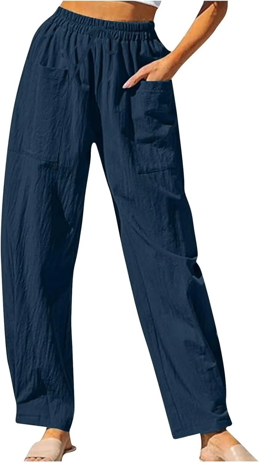 TUNUSKAT Womens Straight Leg Pants with Pockets Summer Lounge Faux Linen Trousers High Waisted Beach Slacks Vacation Outfits