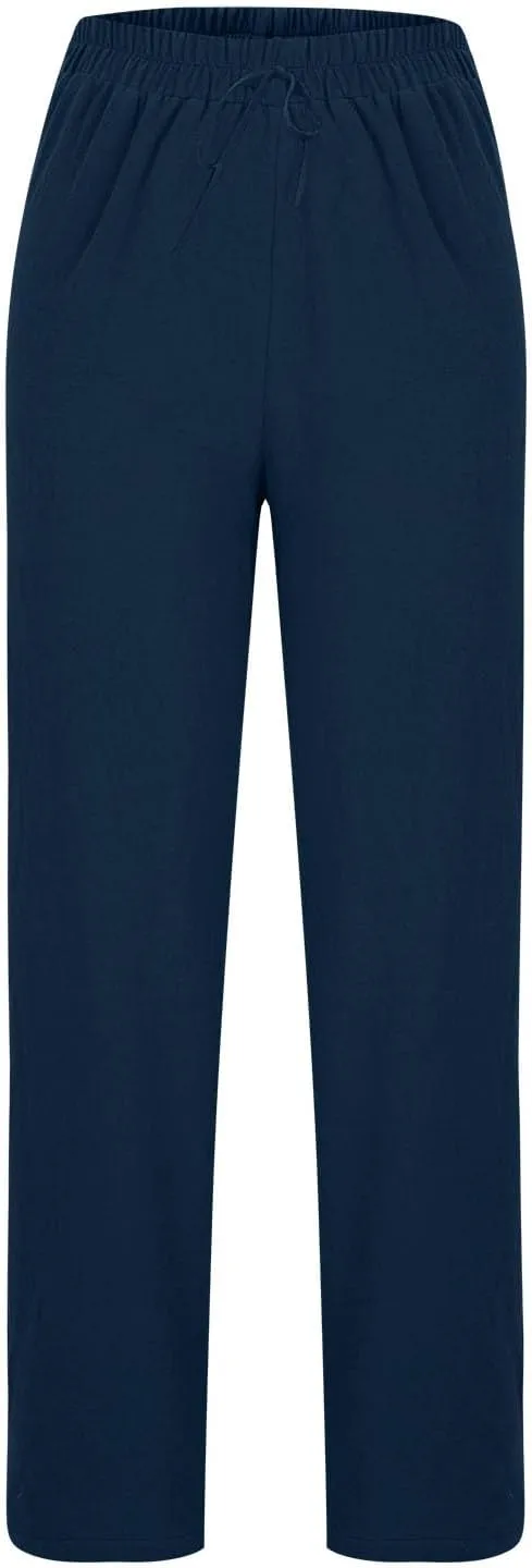 TUNUSKAT Womens Straight Leg Pants with Pockets Summer Lounge Faux Linen Trousers High Waisted Beach Slacks Vacation Outfits