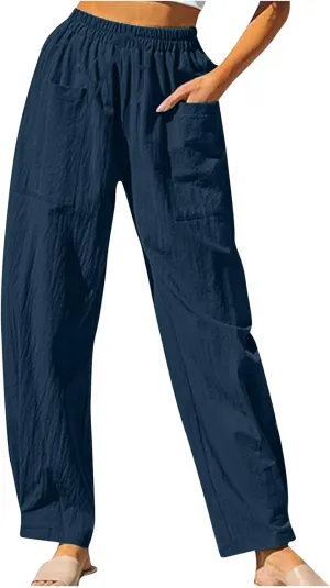 TUNUSKAT Womens Straight Leg Pants with Pockets Summer Lounge Faux Linen Trousers High Waisted Beach Slacks Vacation Outfits