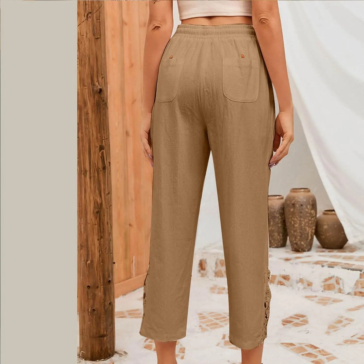 TUNUSKAT Womens Summer Cotton Linen Pants Drawstring High Waisted Trousers Lounge Straight Leg Boho Beach Slacks with Pockets