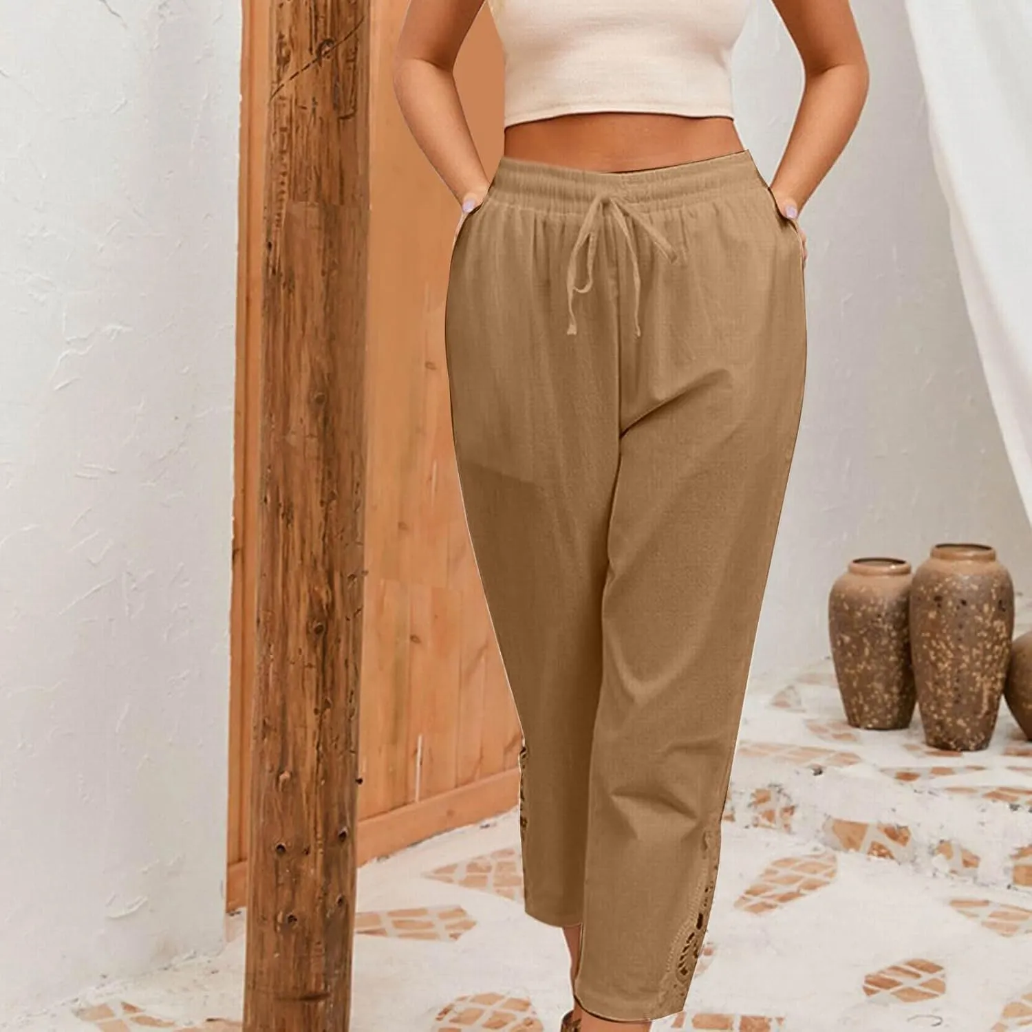 TUNUSKAT Womens Summer Cotton Linen Pants Drawstring High Waisted Trousers Lounge Straight Leg Boho Beach Slacks with Pockets