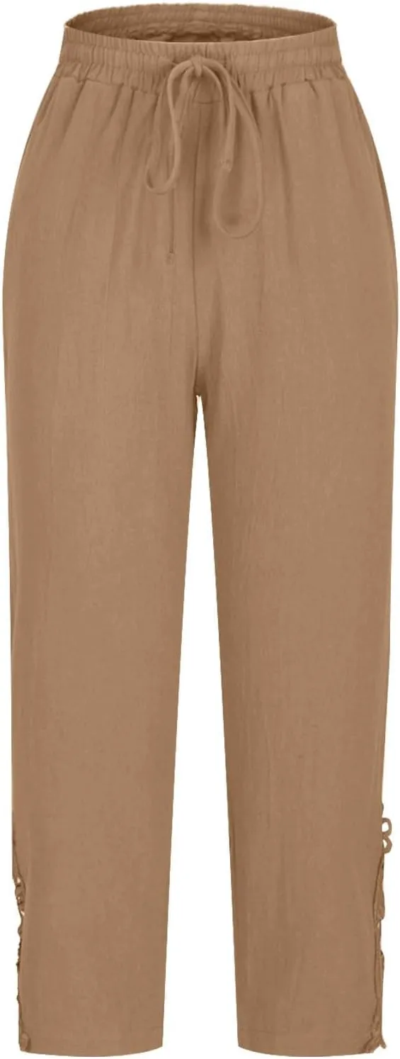 TUNUSKAT Womens Summer Cotton Linen Pants Drawstring High Waisted Trousers Lounge Straight Leg Boho Beach Slacks with Pockets