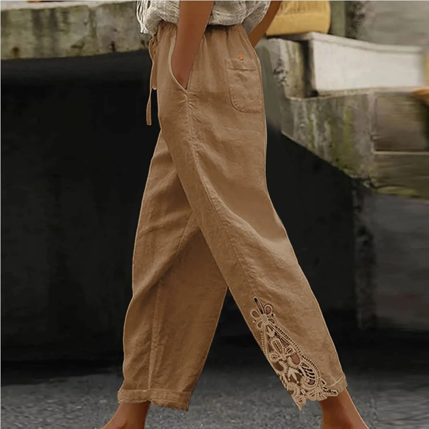 TUNUSKAT Womens Summer Cotton Linen Pants Drawstring High Waisted Trousers Lounge Straight Leg Boho Beach Slacks with Pockets