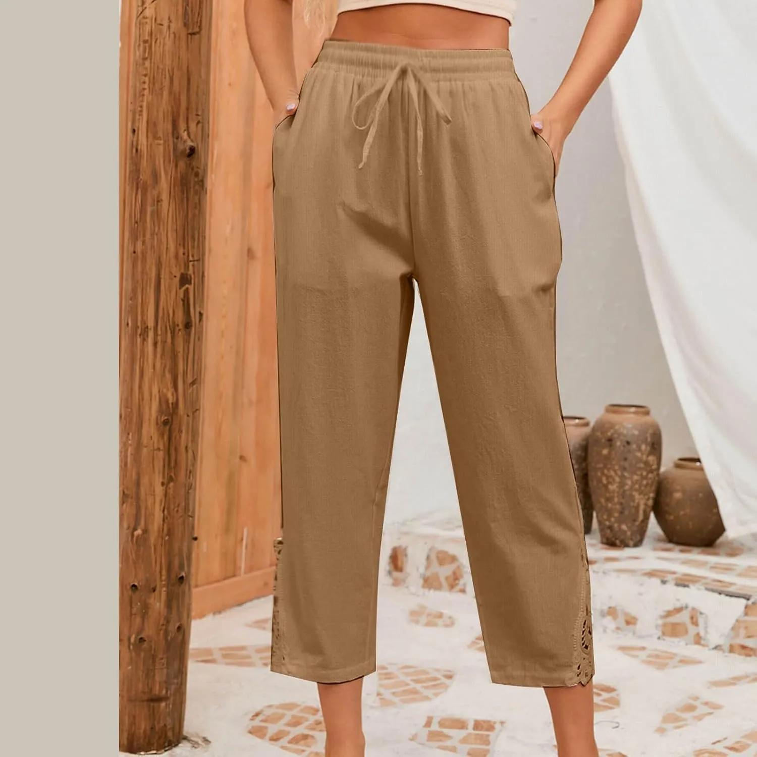 TUNUSKAT Womens Summer Cotton Linen Pants Drawstring High Waisted Trousers Lounge Straight Leg Boho Beach Slacks with Pockets