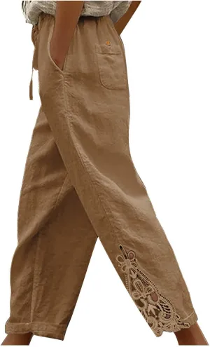 TUNUSKAT Womens Summer Cotton Linen Pants Drawstring High Waisted Trousers Lounge Straight Leg Boho Beach Slacks with Pockets