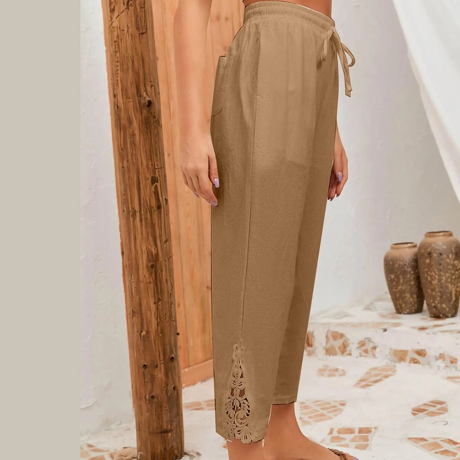 TUNUSKAT Womens Summer Cotton Linen Pants Drawstring High Waisted Trousers Lounge Straight Leg Boho Beach Slacks with Pockets