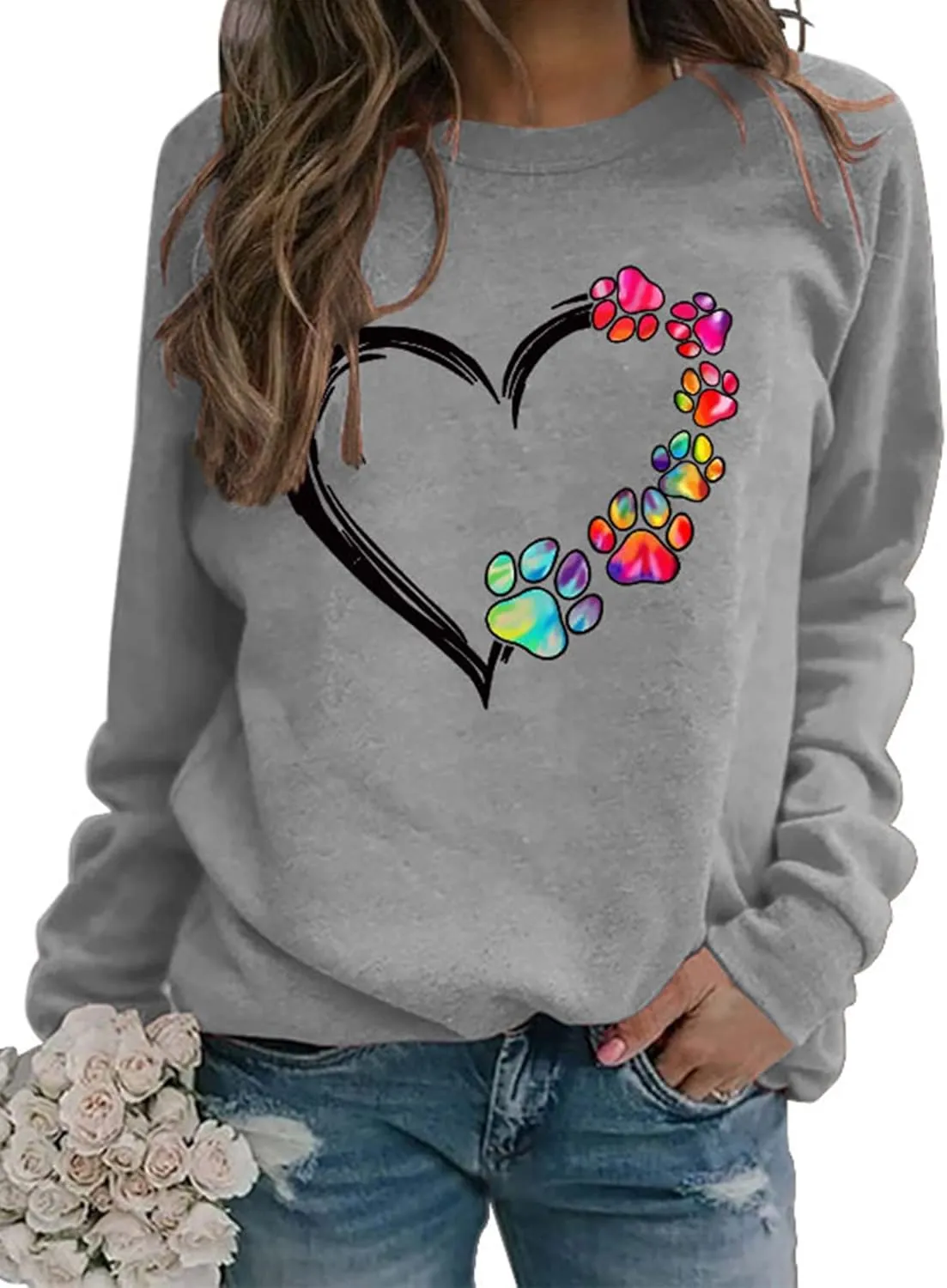 Valentine's Day Long Sleeve Sweatshirts Women Love Heart Print Graphic Shirts Pullover Tops Casual Blouse