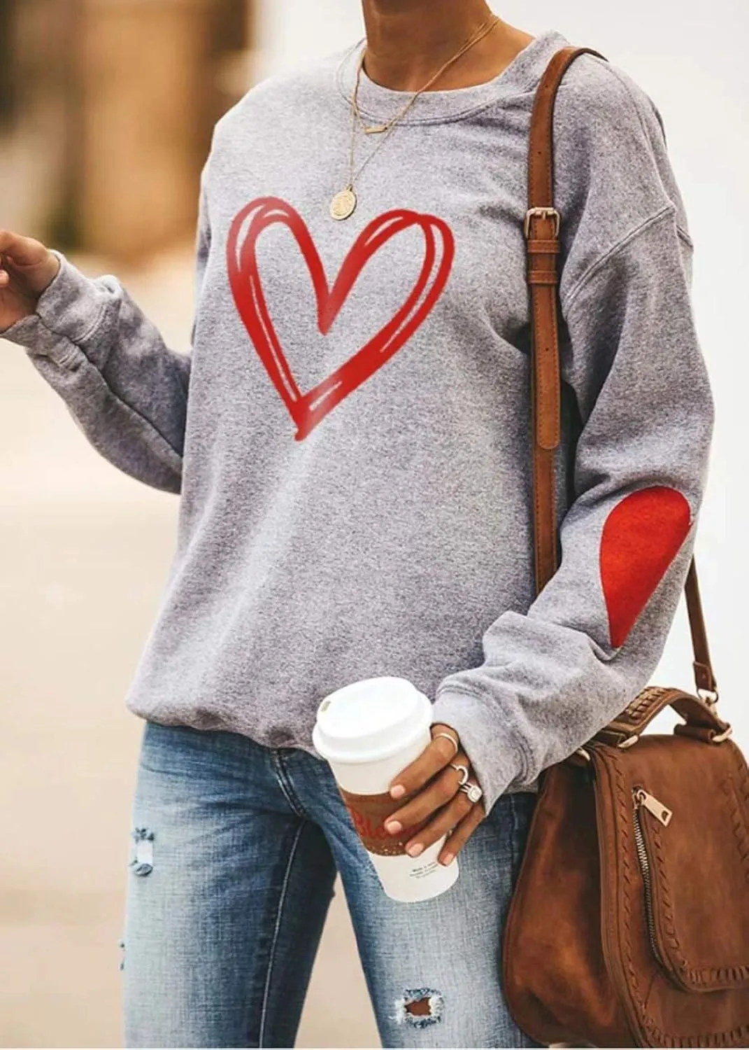 Valentine's Day Long Sleeve Sweatshirts Women Love Heart Print Graphic Shirts Pullover Tops Casual Blouse