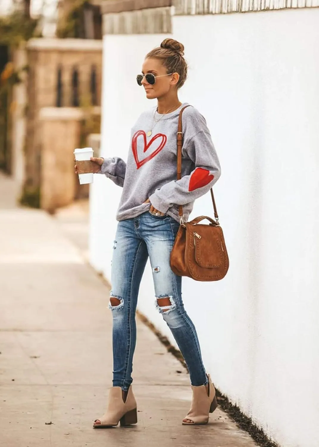 Valentine's Day Long Sleeve Sweatshirts Women Love Heart Print Graphic Shirts Pullover Tops Casual Blouse