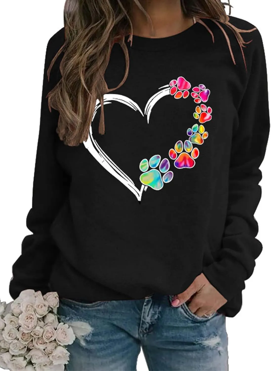 Valentine's Day Long Sleeve Sweatshirts Women Love Heart Print Graphic Shirts Pullover Tops Casual Blouse