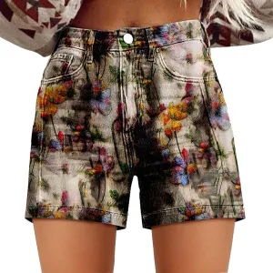 Vintage Denim Shorts for Women 2025 Boho Floral Print Summer Jean Trendy Shorts High Waist Retro Y2K Streetwear