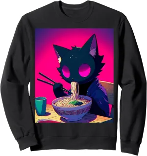 Void Black Cat Eating Ramen Anime Cat Gifts Men Women Kids Sweatshirt