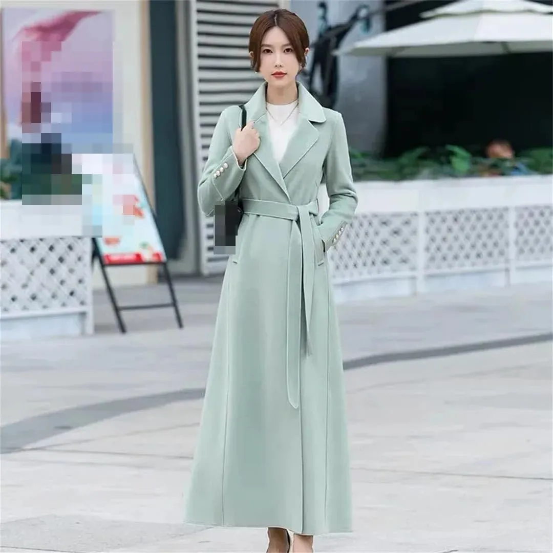 Vsadsau Women's Mid-Length Cashmere Wool Coat Autumn Winter Solid Color Lapel Single-Breasted Coat