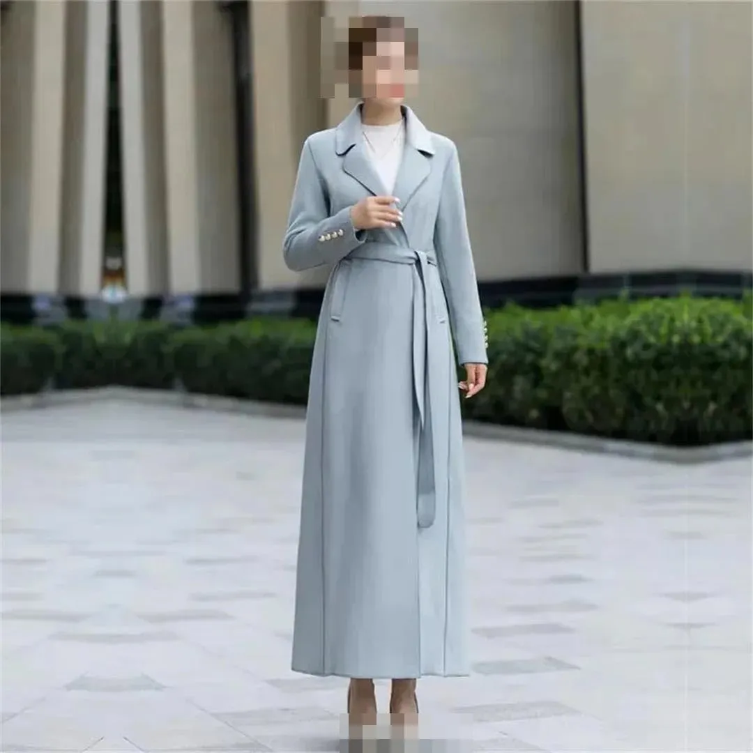 Vsadsau Women's Mid-Length Cashmere Wool Coat Autumn Winter Solid Color Lapel Single-Breasted Coat