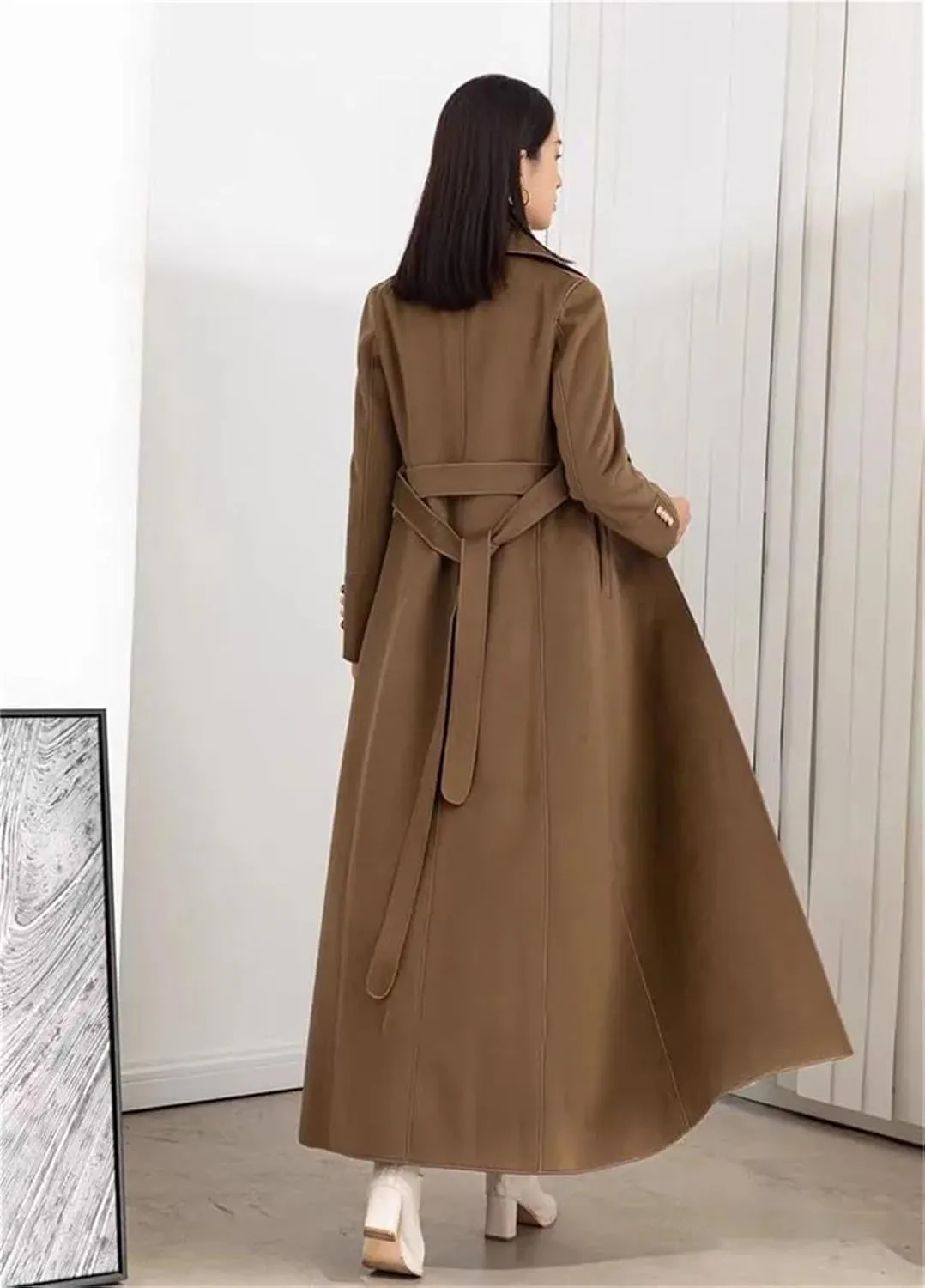 Vsadsau Women's Mid-Length Cashmere Wool Coat Autumn Winter Solid Color Lapel Single-Breasted Coat