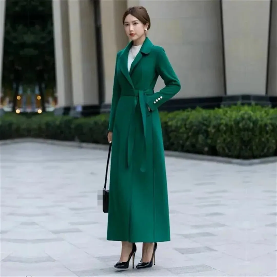 Vsadsau Women's Mid-Length Cashmere Wool Coat Autumn Winter Solid Color Lapel Single-Breasted Coat
