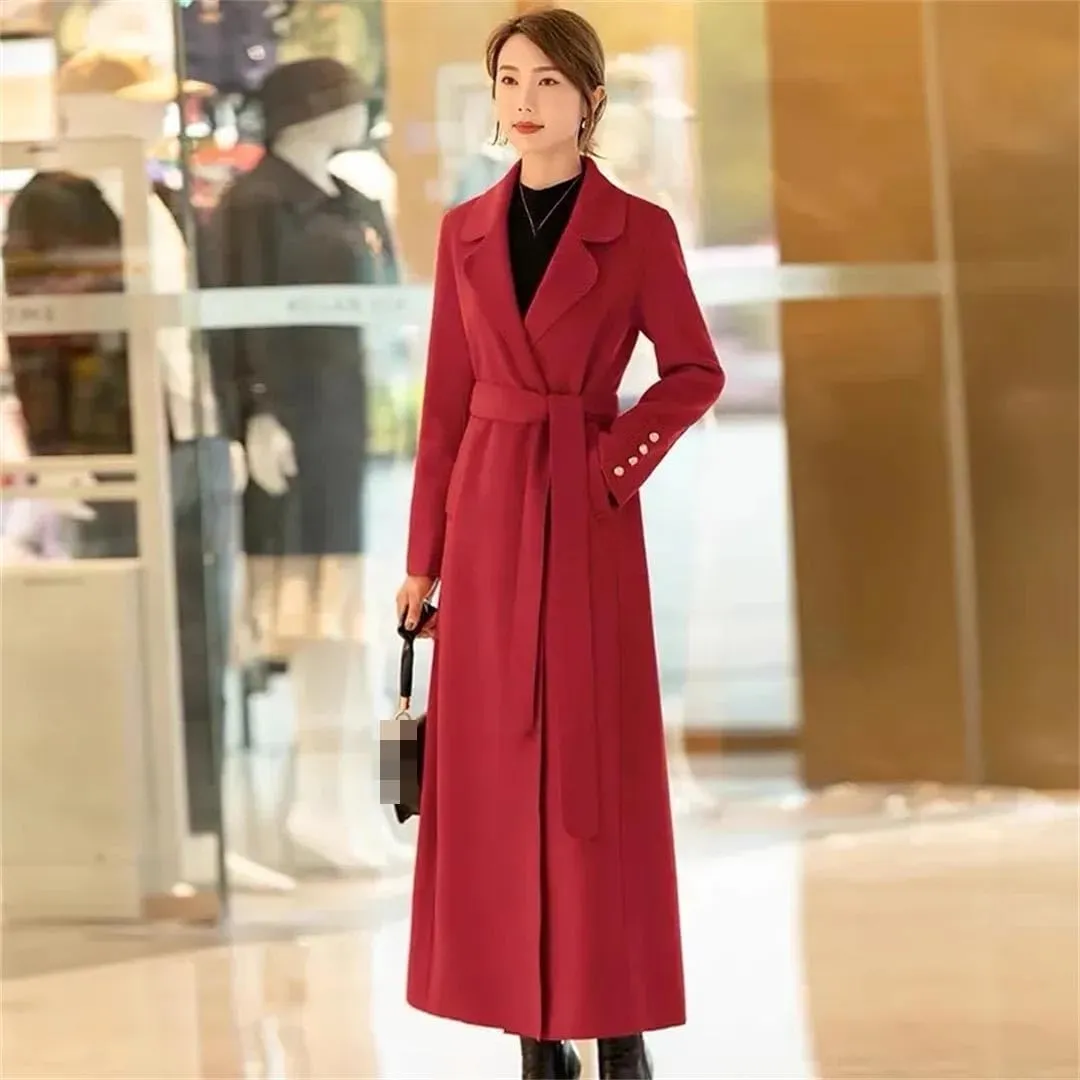 Vsadsau Women's Mid-Length Cashmere Wool Coat Autumn Winter Solid Color Lapel Single-Breasted Coat