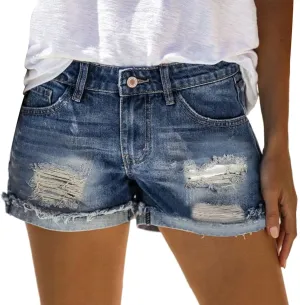 White Denim Shorts for Women Ripped Hole High Waisted Stretchable Mom Shorts Jeans Solid Fashionable Folded Hem Slim Shorts Summer Shorts for Teen Girls