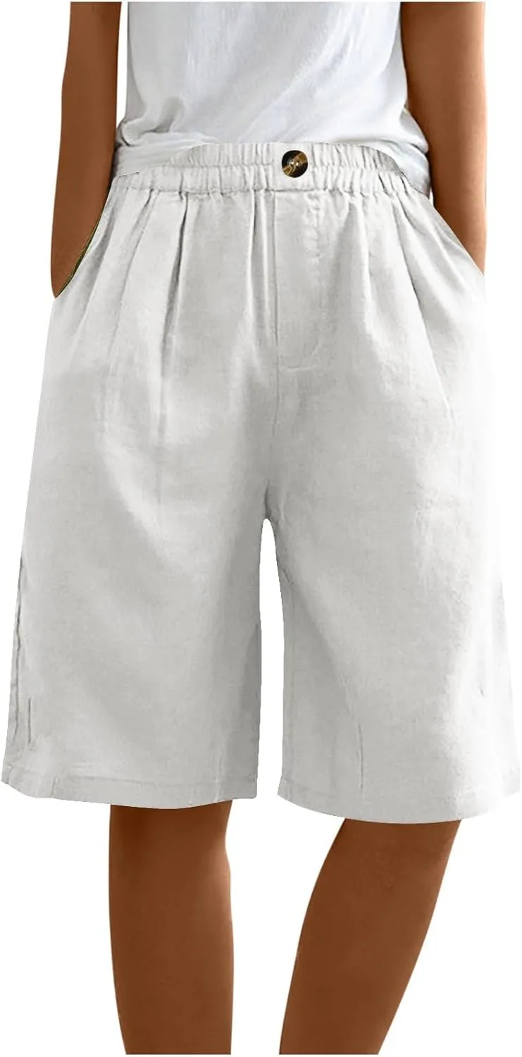 Wide Leg Cotton Linen Shorts for Women High Waisted Comfy Bermuda Shorts Casual Loose Knee Length Pants with Pockets