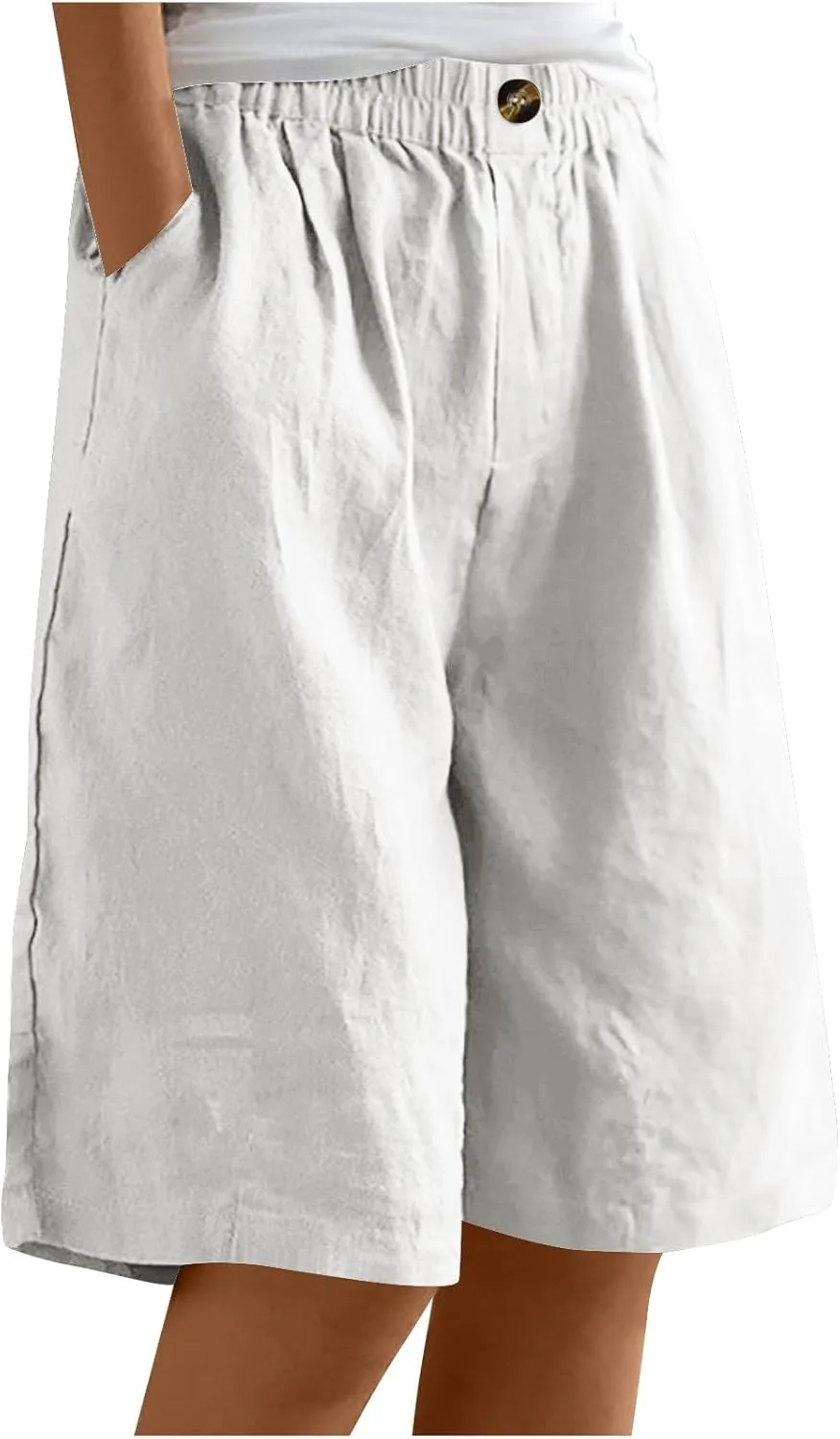 Wide Leg Cotton Linen Shorts for Women High Waisted Comfy Bermuda Shorts Casual Loose Knee Length Pants with Pockets