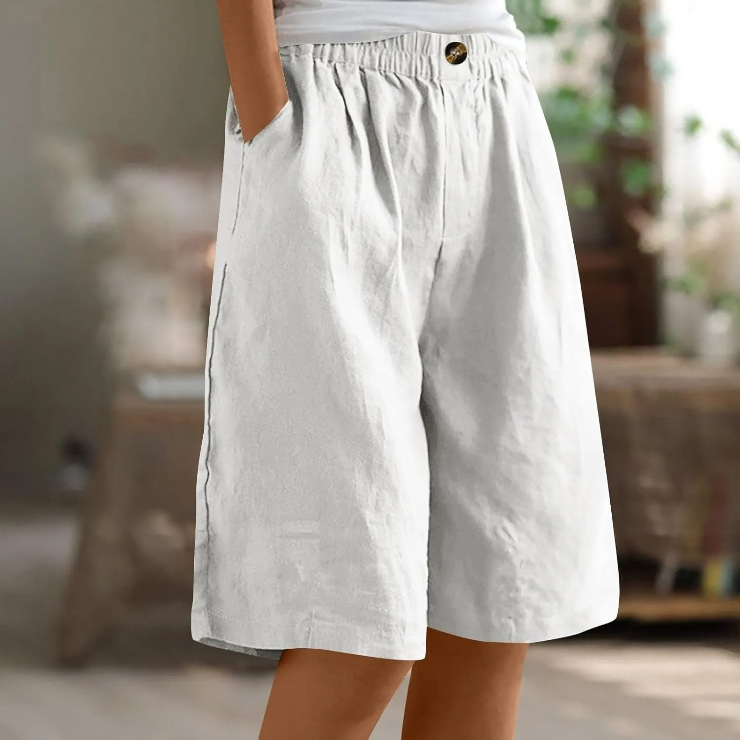 Wide Leg Cotton Linen Shorts for Women High Waisted Comfy Bermuda Shorts Casual Loose Knee Length Pants with Pockets