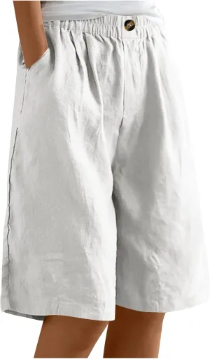 Wide Leg Cotton Linen Shorts for Women High Waisted Comfy Bermuda Shorts Casual Loose Knee Length Pants with Pockets