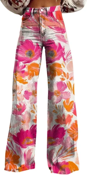 Wide Leg Straight Maxi Pants for Women 2024 Fashion Colorful Printed High Waisted Palazzo Relaxed Fit Street Trousers
