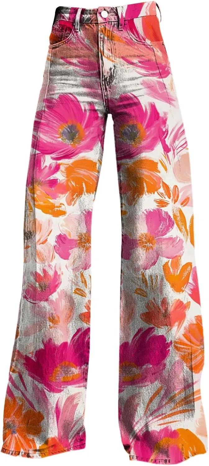 Wide Leg Straight Maxi Pants for Women 2024 Fashion Colorful Printed High Waisted Palazzo Relaxed Fit Street Trousers
