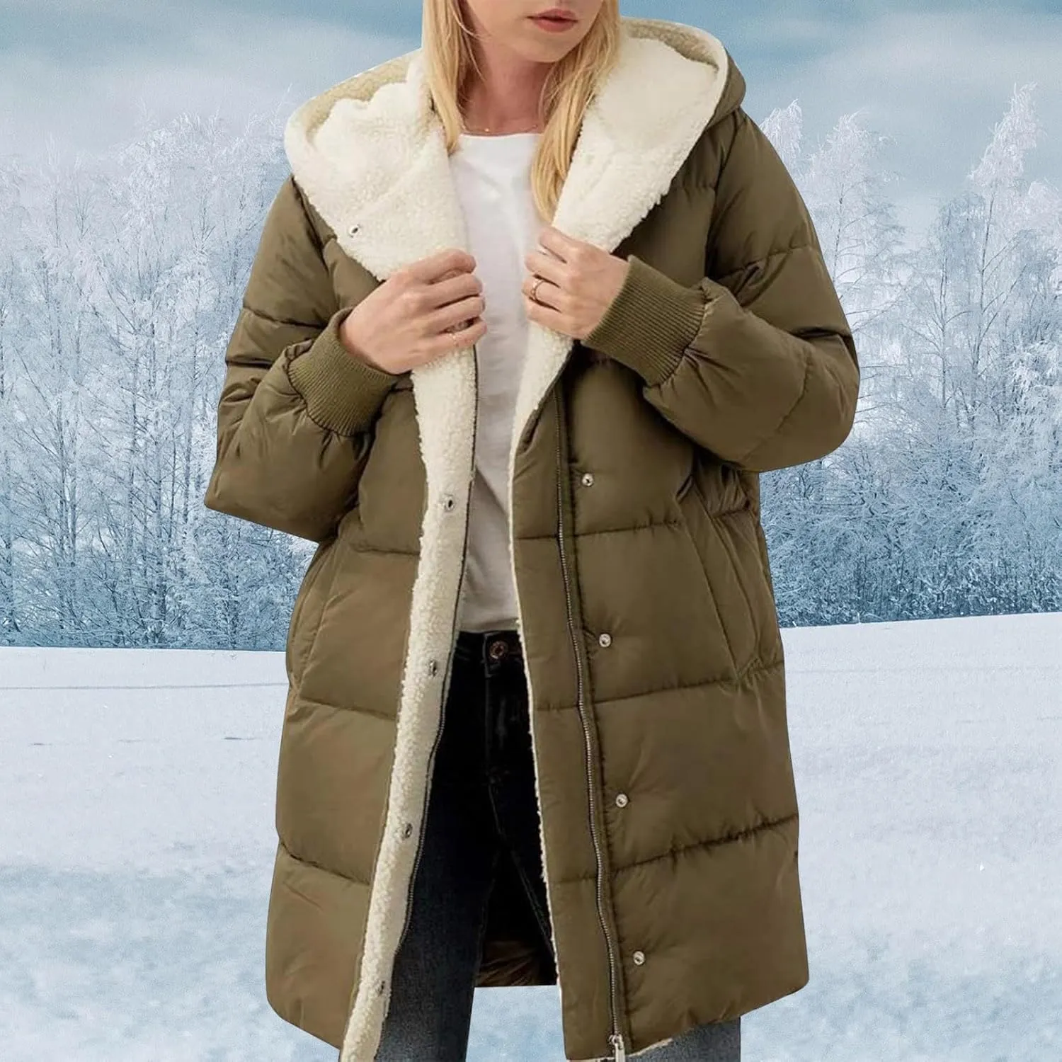 Winter Warm Thicken Temperament Fleece Coat for Womens Outdoor Commuting Slim Overcoat Zipper Hooded Long Sleeve Jacket