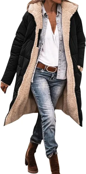 Winter Windproof Warm Fashion Fleece Coat for Womens Casual Zipper Hooded Jacket with Pockets Daily Outdoor Outwear