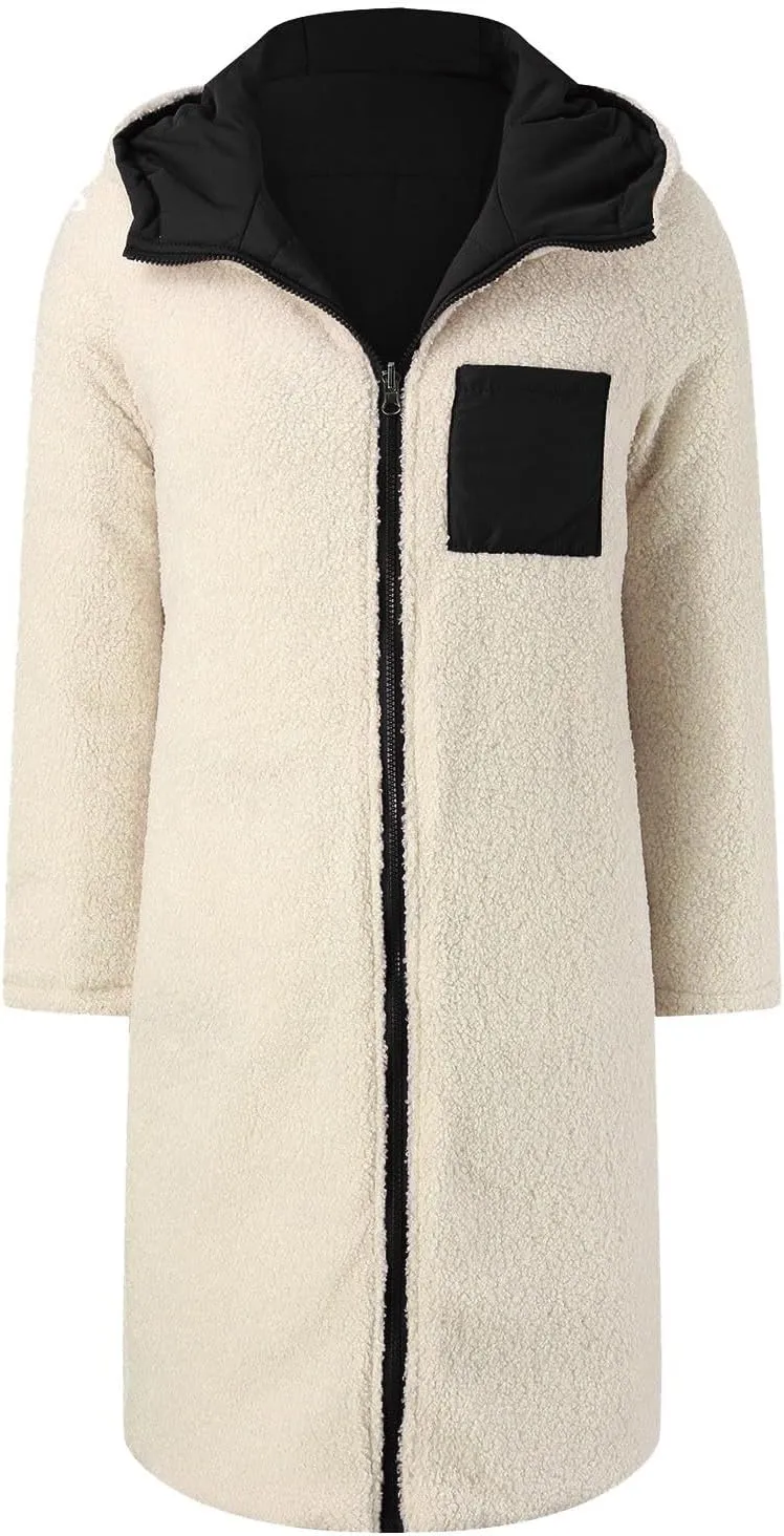 Winter Windproof Warm Fashion Fleece Coat for Womens Casual Zipper Hooded Jacket with Pockets Daily Outdoor Outwear