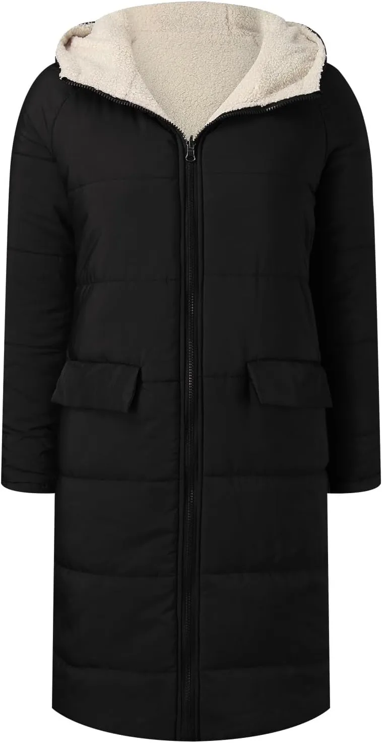 Winter Windproof Warm Fashion Fleece Coat for Womens Casual Zipper Hooded Jacket with Pockets Daily Outdoor Outwear